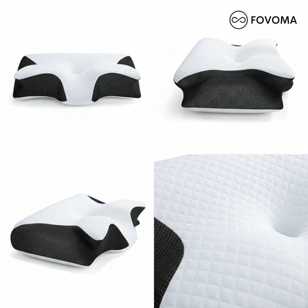 White and black pillow with mesh design on a white background, featuring the Fovoma brand.