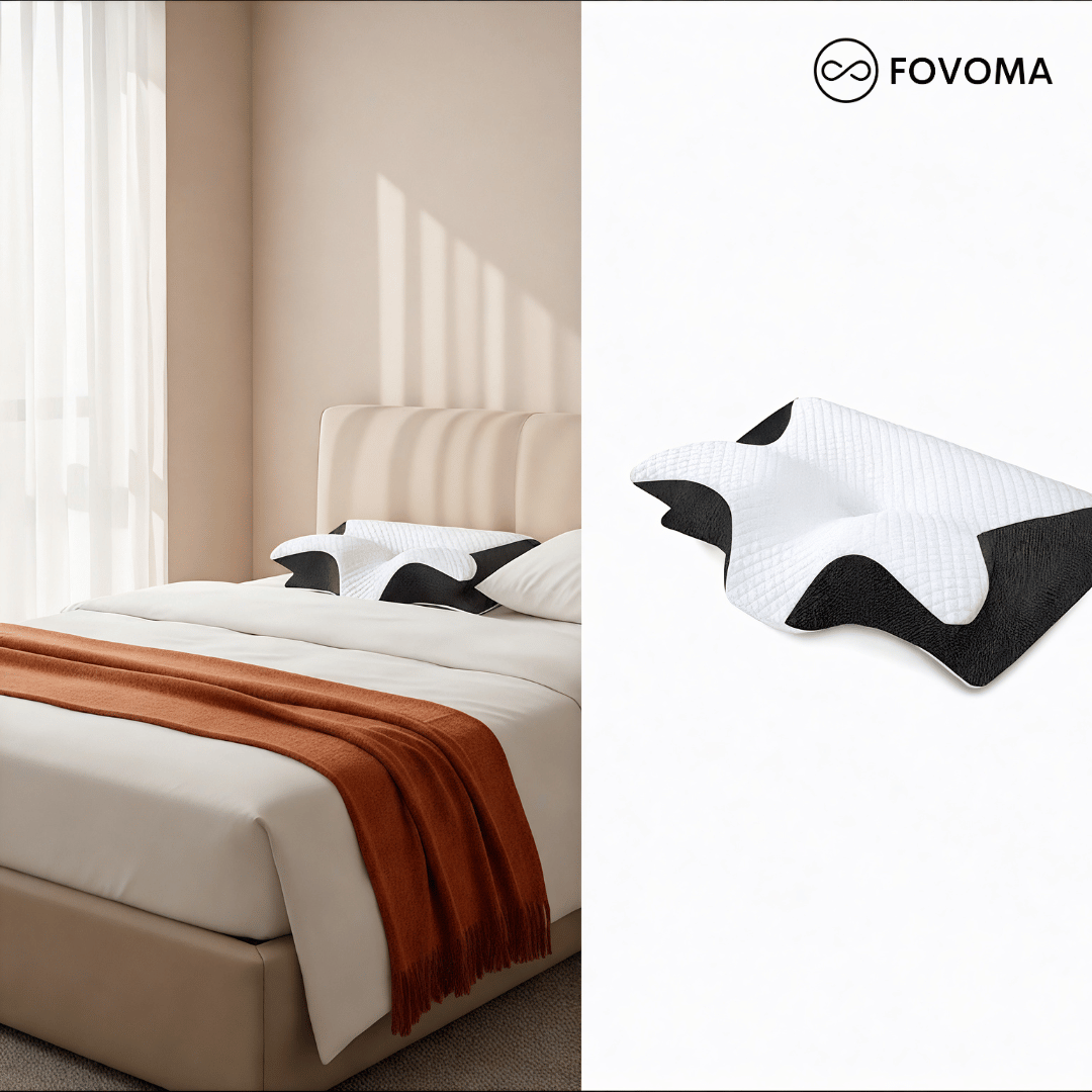 Bed with white bedding and brown throw, inset showing a black and white pillow with 'FOVOMA' branding.