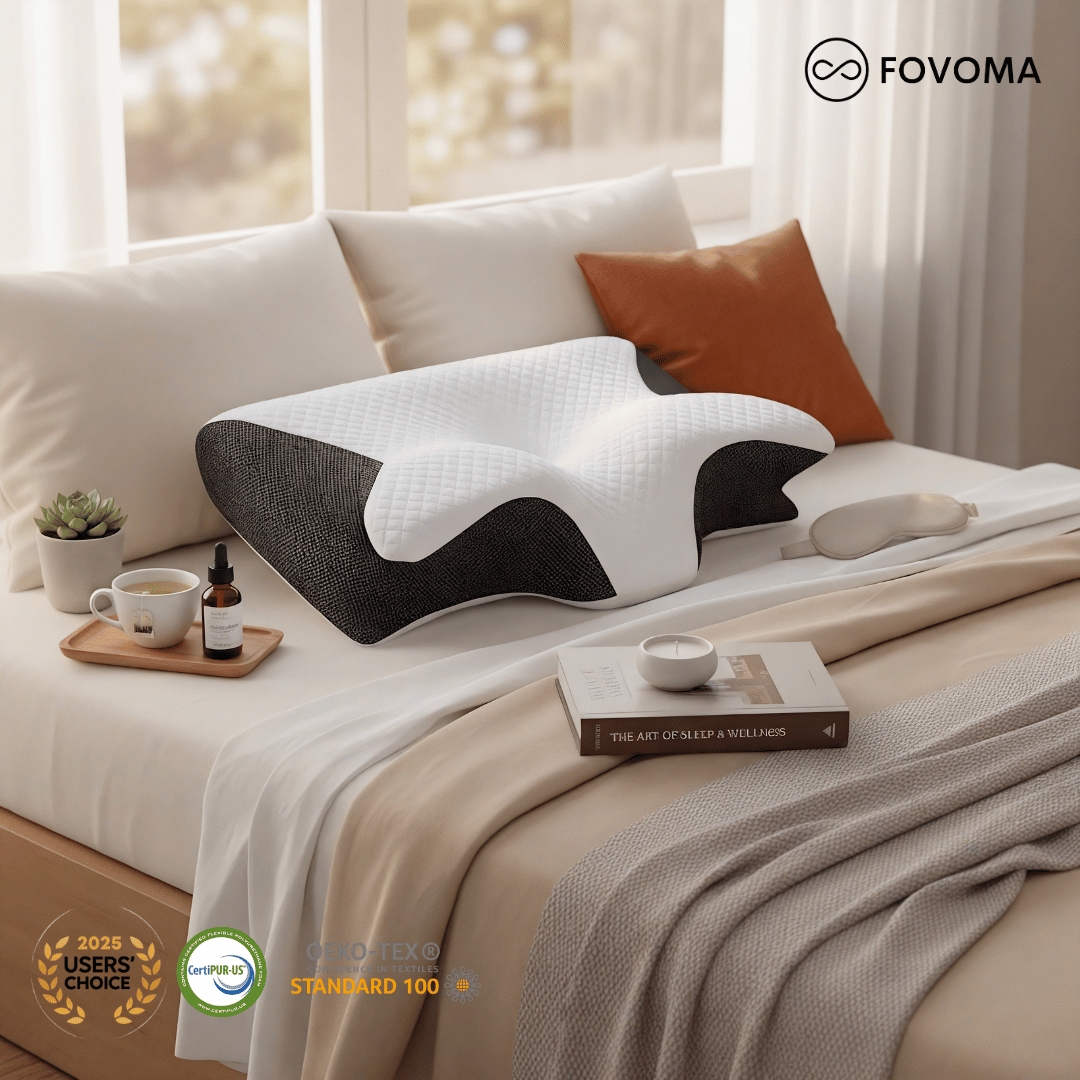 Fovoma pillow on a bed with a tray of items and a blurred window background