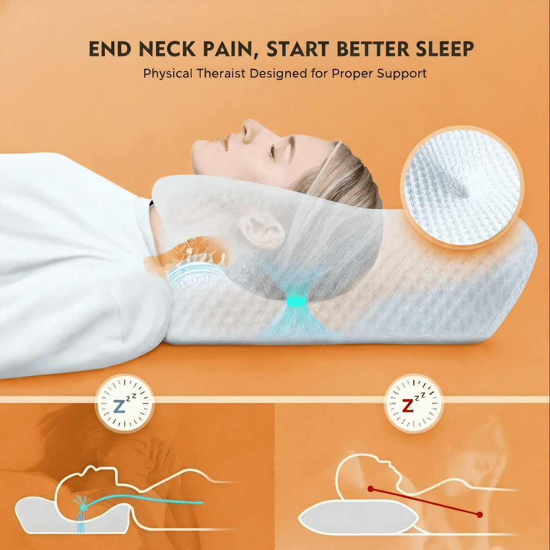 Neck pillow with text 'End Neck Pain, Start Better Sleep' on an orange background